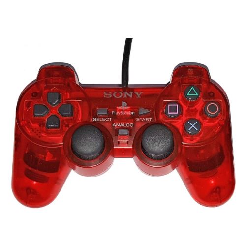 [PS2] Drátový Ovladač Sony Dualshock - červený průhledný