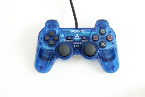 [PS2] Drátový Ovladač Sony Dualshock - modrý průhledný (estetická vada)