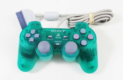 [PS1] Drátový Ovladač Sony Dualshock - smaragdový průhledný