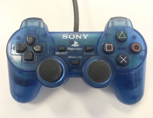 [PS1] Drátový Ovladač Sony Dualshock - průhledný modrý (estetická vada)
